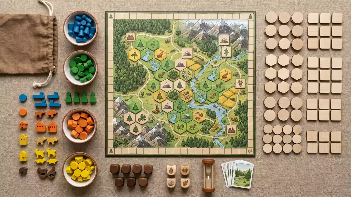 Flatlay-Arrangement rund um Brettspiel mit passenden Requisiten von oben, neutral