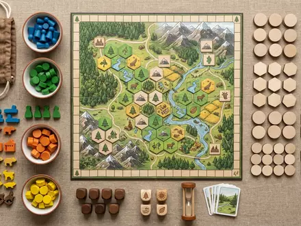Flatlay-Arrangement rund um Brettspiel zum Thema Wingspan, weiches Oberlicht, sachlich dargestellt, markenneutral - Foto: THN