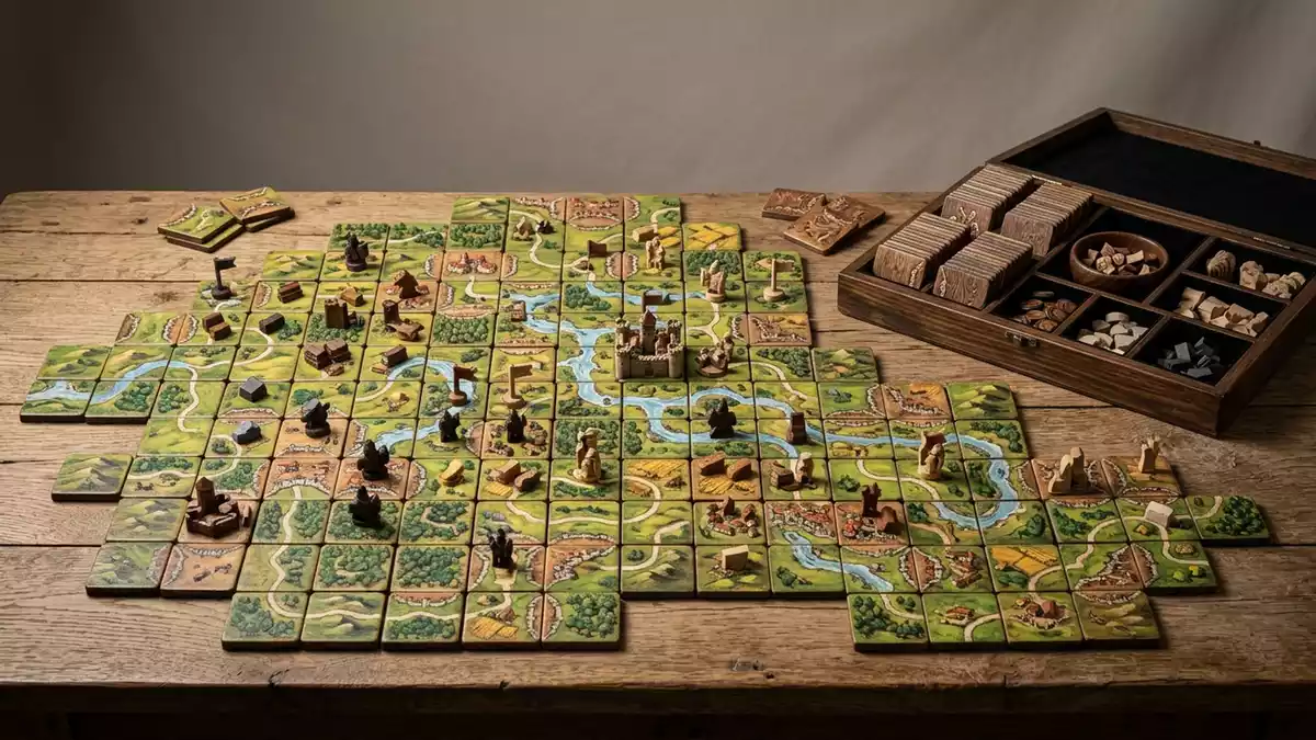 Fotorealistische Studioansicht von Brettspiel in neutraler Produktdarstellung, neutral