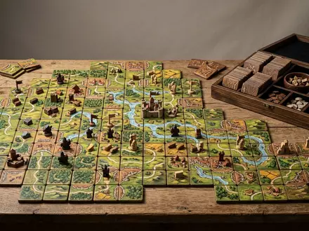 Fotorealistische Studioaufnahme von Brettspiel zum Thema Carcassonne, klare Lichtfuehrung, sachlich dargestellt, markenneutral - Foto: THN