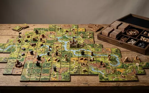 Fotorealistische Studioaufnahme von Brettspiel zum Thema Carcassonne, klare Lichtfuehrung, sachlich dargestellt, markenneutral - Foto: THN