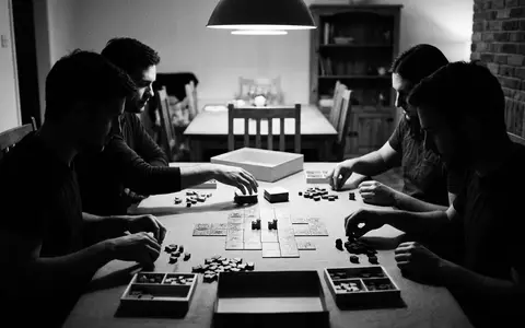 Schwarzweiss-Reportage mit Brettspiel zum Thema Carcassonne, hoher Kontrast, sachlich dargestellt, markenneutral, redaktionelle Verwendung - Foto: THN