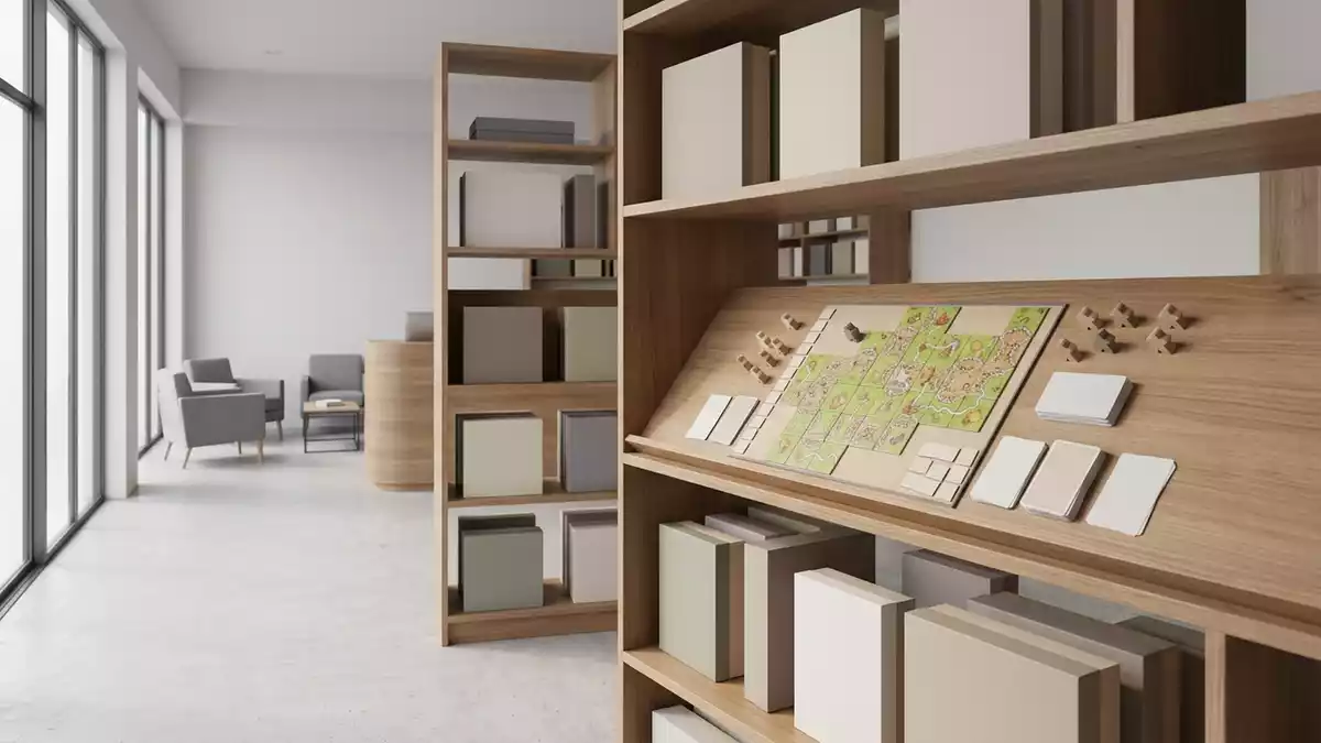 Architektur-Render im Spielefachgeschaeft mit Brettspiel im Ausstellungsbereich
