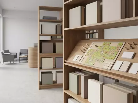 Architektur-Render im Spielefachgeschaeft mit Brettspiel zum Thema Carcassonne, neutrales Tageslicht, sachlich dargestellt - Foto: THN