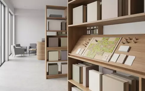 Architektur-Render im Spielefachgeschaeft mit Brettspiel zum Thema Carcassonne, neutrales Tageslicht, sachlich dargestellt - Foto: THN