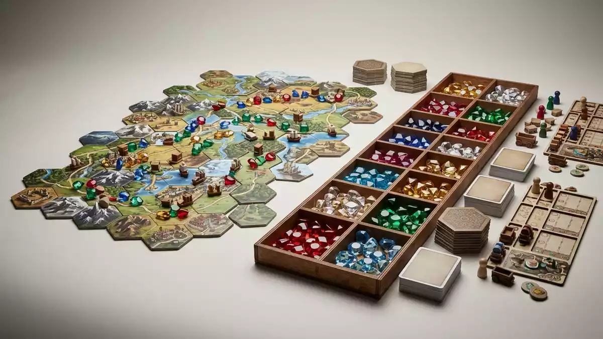 Fotorealistische Studioansicht von Brettspiel in neutraler Produktdarstellung, neutral