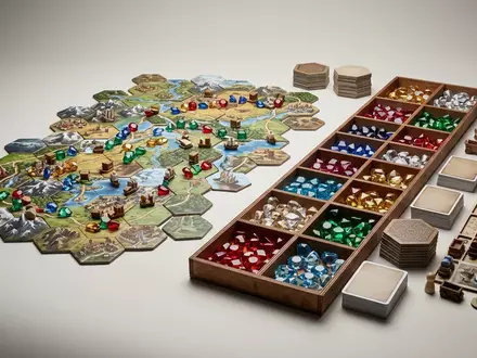 Fotorealistische Studioaufnahme von Brettspiel zum Thema Splendor, klare Lichtfuehrung, sachlich dargestellt, markenneutral - Foto: THN
