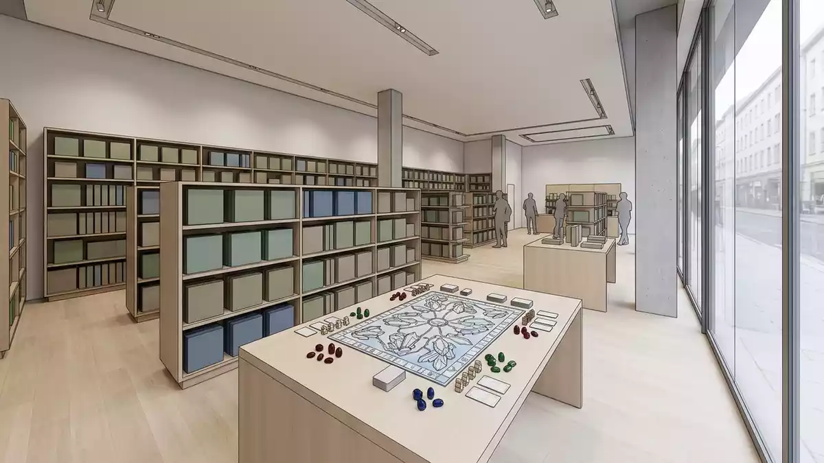 Architektur-Render im Spielefachgeschaeft mit Brettspiel im Ausstellungsbereich