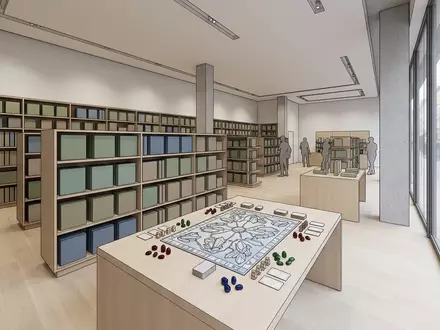 Architektur-Render im Spielefachgeschaeft mit Brettspiel zum Thema Splendor, neutrales Tageslicht, sachlich dargestellt - Foto: THN