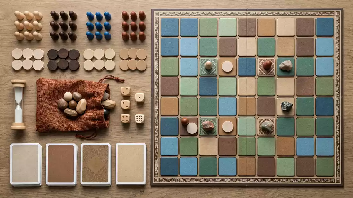 Flatlay-Arrangement rund um Brettspiel mit passenden Requisiten von oben, neutral