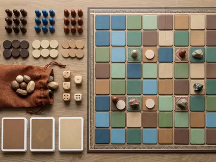 Flatlay-Arrangement rund um Brettspiel zum Thema Splendor, weiches Oberlicht, sachlich dargestellt, markenneutral - Foto: THN