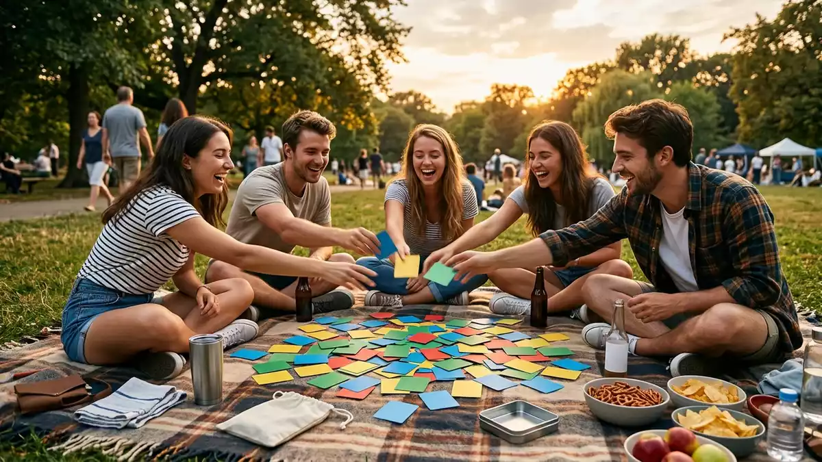 Fotorealistische Ansicht von Kartenspiel beim Picknick in warmem Abendlicht, neutral