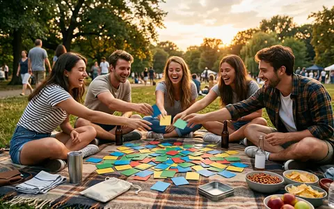 Fotorealistische Aufnahme von Kartenspiel beim Picknick zum Thema Dobble, warmes Abendlicht, sachlich dargestellt - Foto: THN