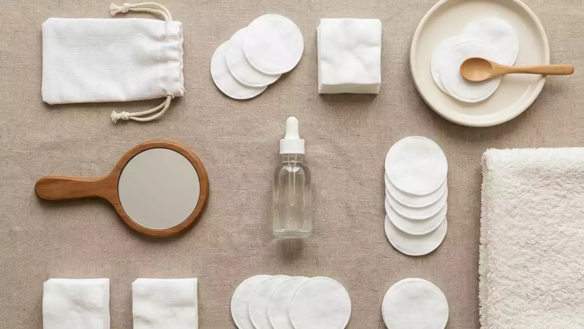 Flatlay-Arrangement rund um Gesichtsserum mit passenden Requisiten von oben, neutral