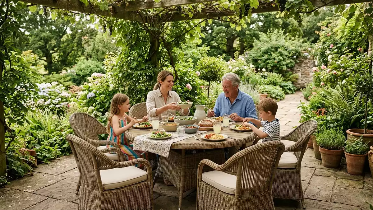 Fotorealistische Ansicht von Gartenmoebelset auf der Terrasse in realer Umgebung
