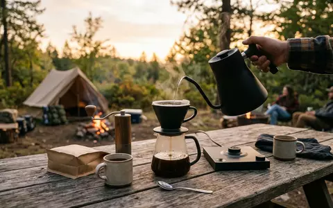 Fotorealistische Aufnahme von Wasserkocher am Campingplatz zum Thema Fellow Stagg EKG Wasserkocher, warmes Abendlicht - Foto: THN