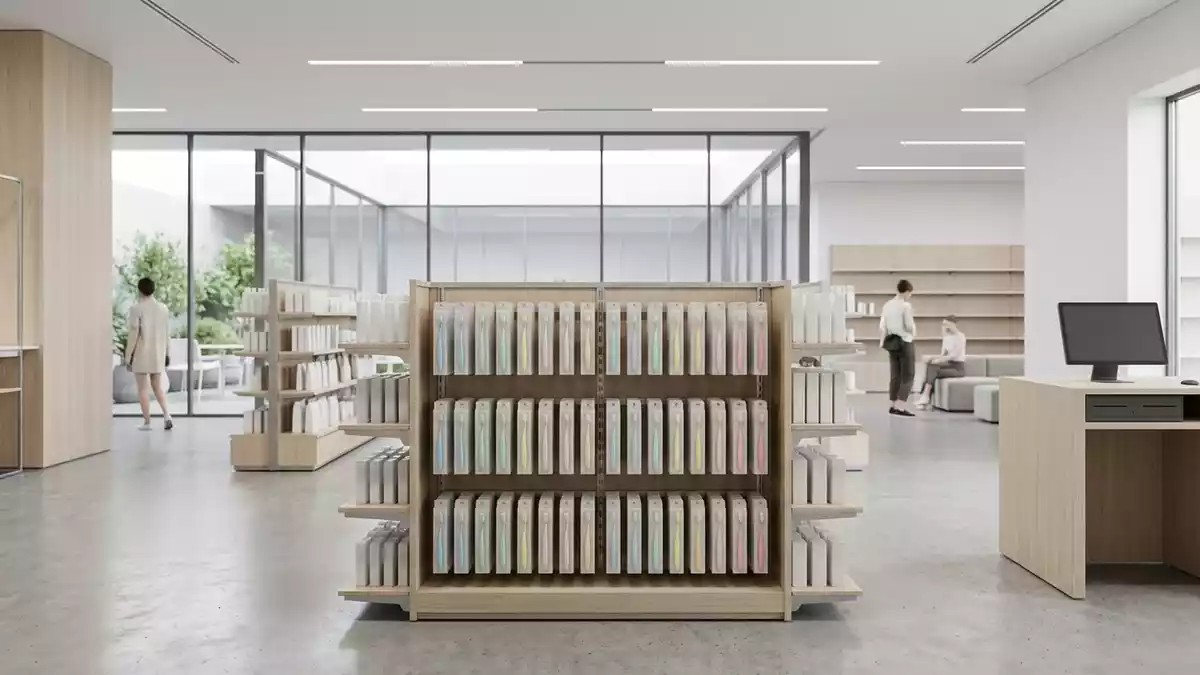 Architektur-Render im Drogerie mit Kinderzahnbuerste im Ausstellungsbereich, neutral