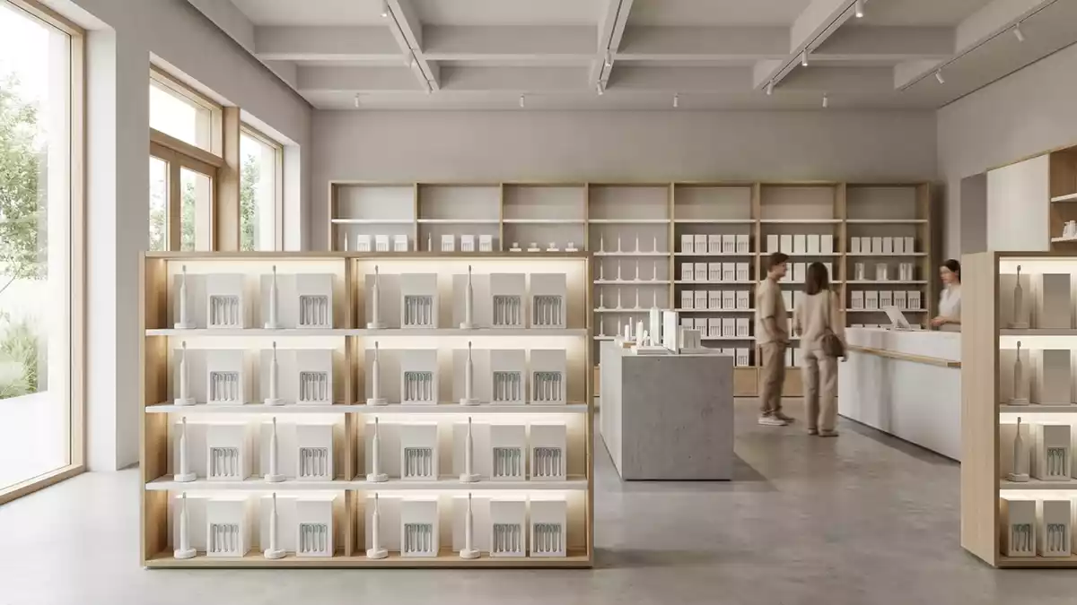 Architektur-Render im Drogerie mit Elektrische Zahnbuerste im Ausstellungsbereich