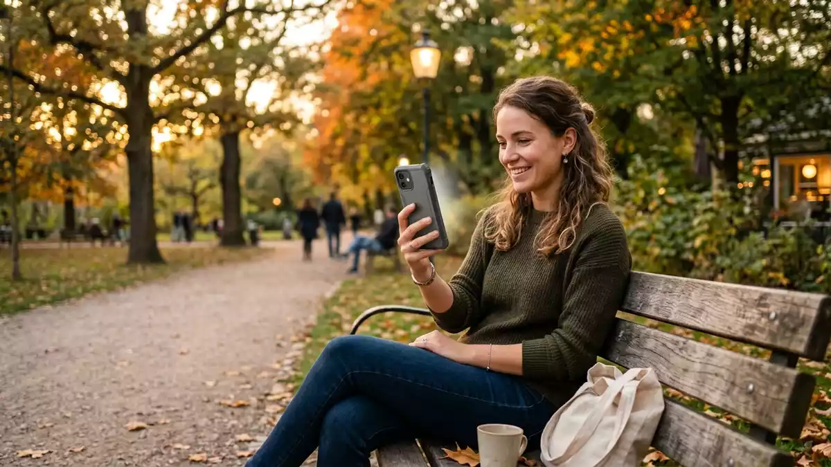 Fotorealistische Ansicht von Smartphone im Park in warmem Abendlicht, neutral