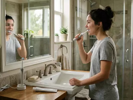 Fotorealistische Aufnahme von Elektrische Zahnbuerste im Badezimmer zum Thema Oral-B iO Series 6, natuerliches Licht - Foto: THN