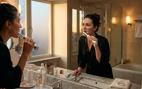 Fotorealistische Aufnahme von Elektrische Zahnbuerste im Hotelbad zum Thema Oral-B iO Series 6, warmes Abendlicht - Foto: THN