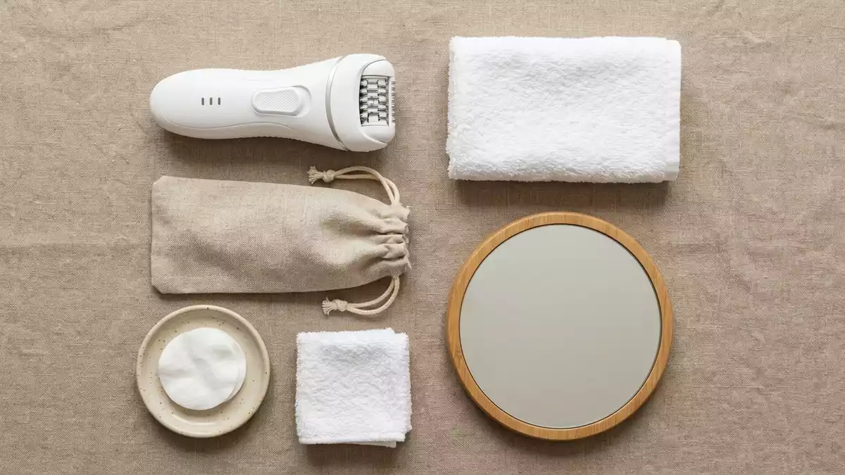 Flatlay-Arrangement rund um Epilierer mit passenden Requisiten von oben, neutral