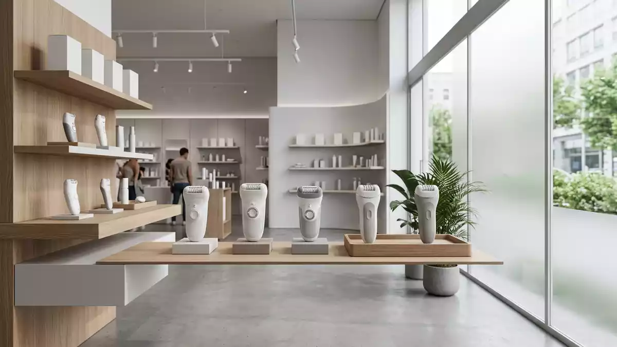 Architektur-Render im Koerperpflegegeschaeft mit Epilierer im Ausstellungsbereich