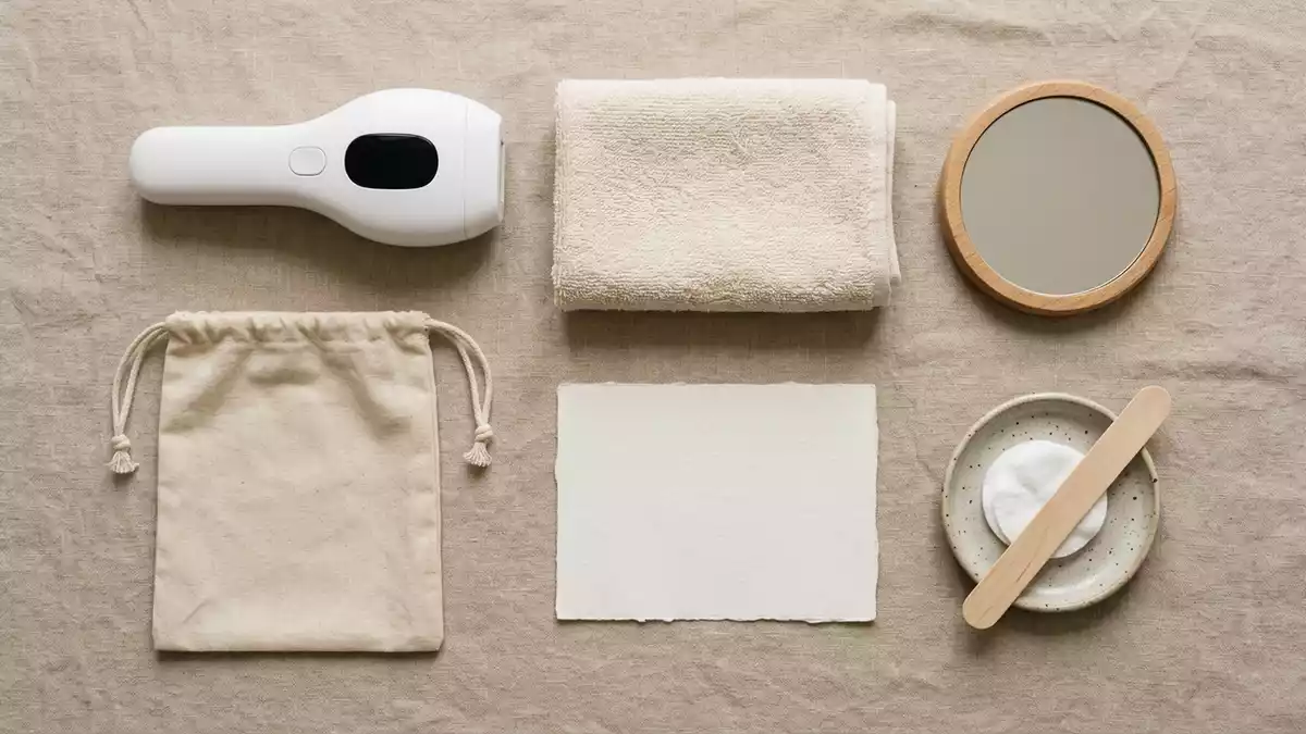 Flatlay-Arrangement rund um Haarentferner mit passenden Requisiten von oben, neutral