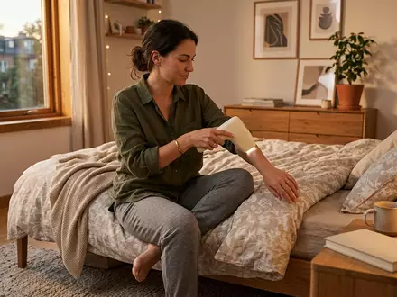 Fotorealistische Aufnahme von Haarentferner im Schlafzimmer zum Thema Panasonic ES-WH75 IPL Haarentferner, warmes Abendlicht - Foto: THN
