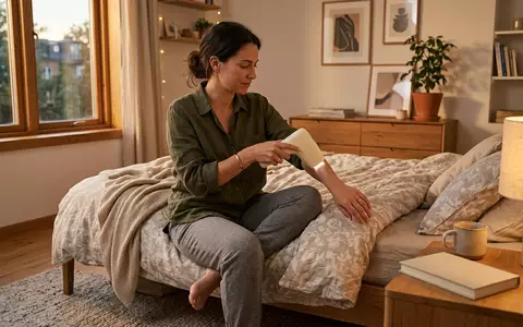 Fotorealistische Aufnahme von Haarentferner im Schlafzimmer zum Thema Panasonic ES-WH75 IPL Haarentferner, warmes Abendlicht - Foto: THN