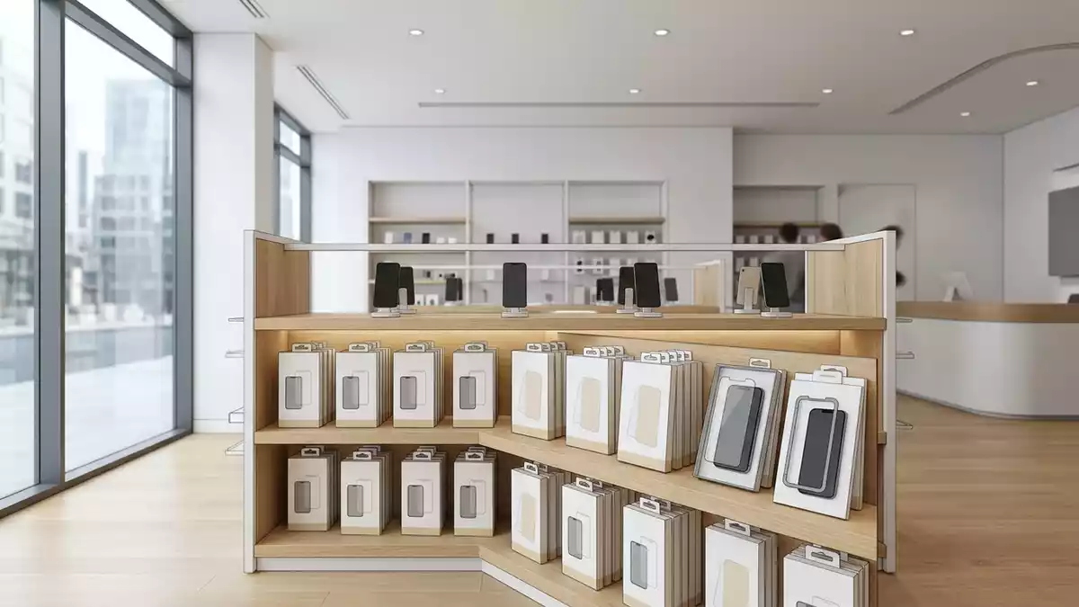 Architektur-Render im Handyzubehoerladen mit Displayschutzfolie im Ausstellungsbereich