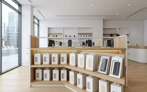Architektur-Render im Handyzubehoerladen mit Displayschutzfolie zum Thema Spigen GLAS.tR EZ FIT, neutrales Tageslicht - Foto: THN