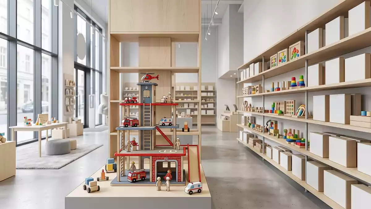 Architektur-Render im Spielwarenladen mit Spielturm im Ausstellungsbereich, neutral