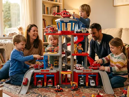 Fotorealistische Aufnahme von Spielturm im Wohnzimmer zum Thema PAW Patrol Lookout Tower, warmes Abendlicht - Foto: THN
