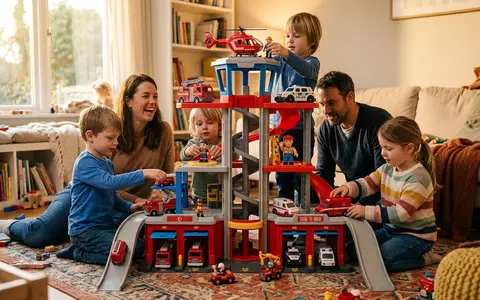 Fotorealistische Aufnahme von Spielturm im Wohnzimmer zum Thema PAW Patrol Lookout Tower, warmes Abendlicht - Foto: THN