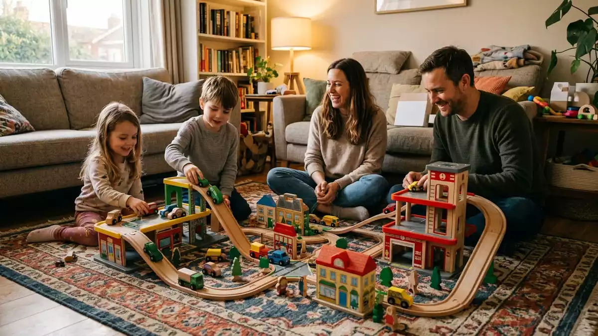 Fotorealistische Ansicht von Spielstadt im Wohnzimmer in warmem Abendlicht, neutral