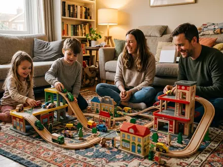 Fotorealistische Aufnahme von Spielstadt im Wohnzimmer zum Thema PAW Patrol Mighty Movie, warmes Abendlicht - Foto: THN