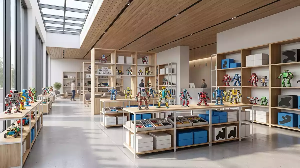 Architektur-Render im Spielwarenladen mit Roboterbausatz im Ausstellungsbereich