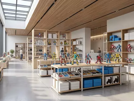 Architektur-Render im Spielwarenladen mit Roboterbausatz zum Thema LEGO Star Wars AT-AT, neutrales Tageslicht - Foto: THN