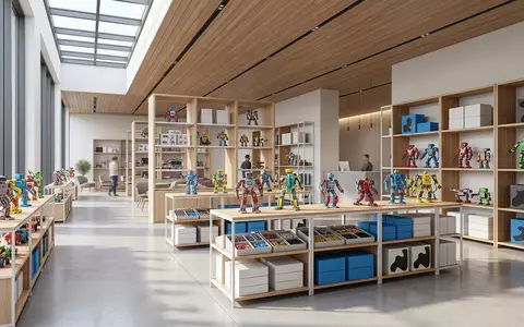 Architektur-Render im Spielwarenladen mit Roboterbausatz zum Thema LEGO Star Wars AT-AT, neutrales Tageslicht - Foto: THN
