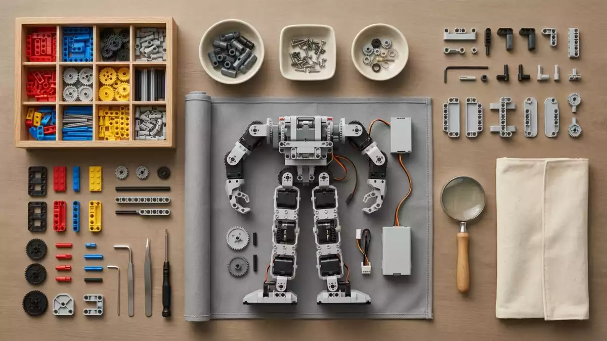 Flatlay-Arrangement rund um Roboterbausatz mit passenden Requisiten von oben, neutral