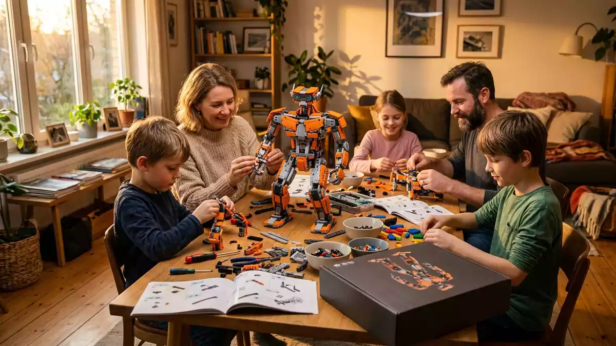 Fotorealistische Ansicht von Roboterbausatz beim Familienabend in warmem Abendlicht