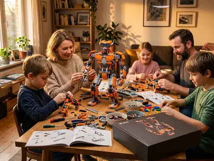 Fotorealistische Aufnahme von Roboterbausatz beim Familienabend zum Thema LEGO Star Wars AT-AT, warmes Abendlicht - Foto: THN