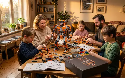 Fotorealistische Aufnahme von Roboterbausatz beim Familienabend zum Thema LEGO Star Wars AT-AT, warmes Abendlicht - Foto: THN