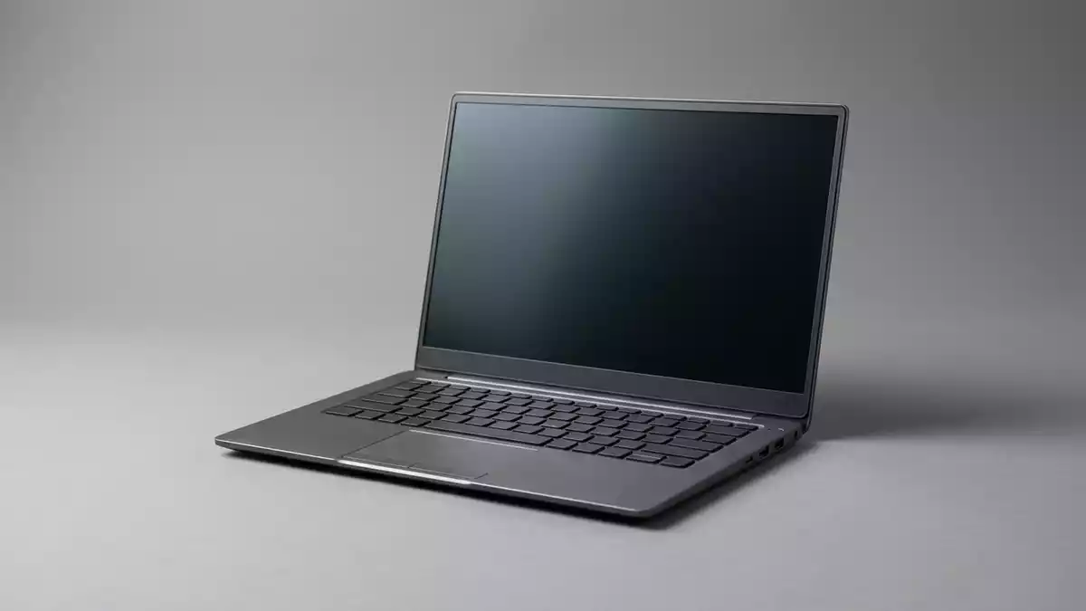 Fotorealistische Studioansicht von Laptop in neutraler Produktdarstellung, neutral