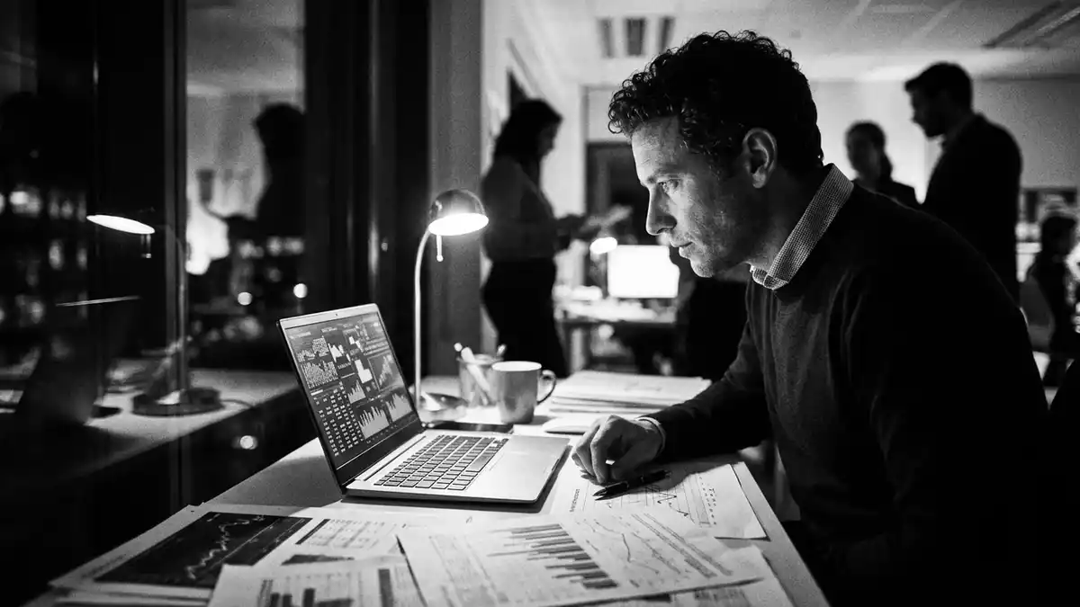 Schwarzweiss-Reportagebild mit Laptop in dokumentarischer Arbeitsumgebung, neutral