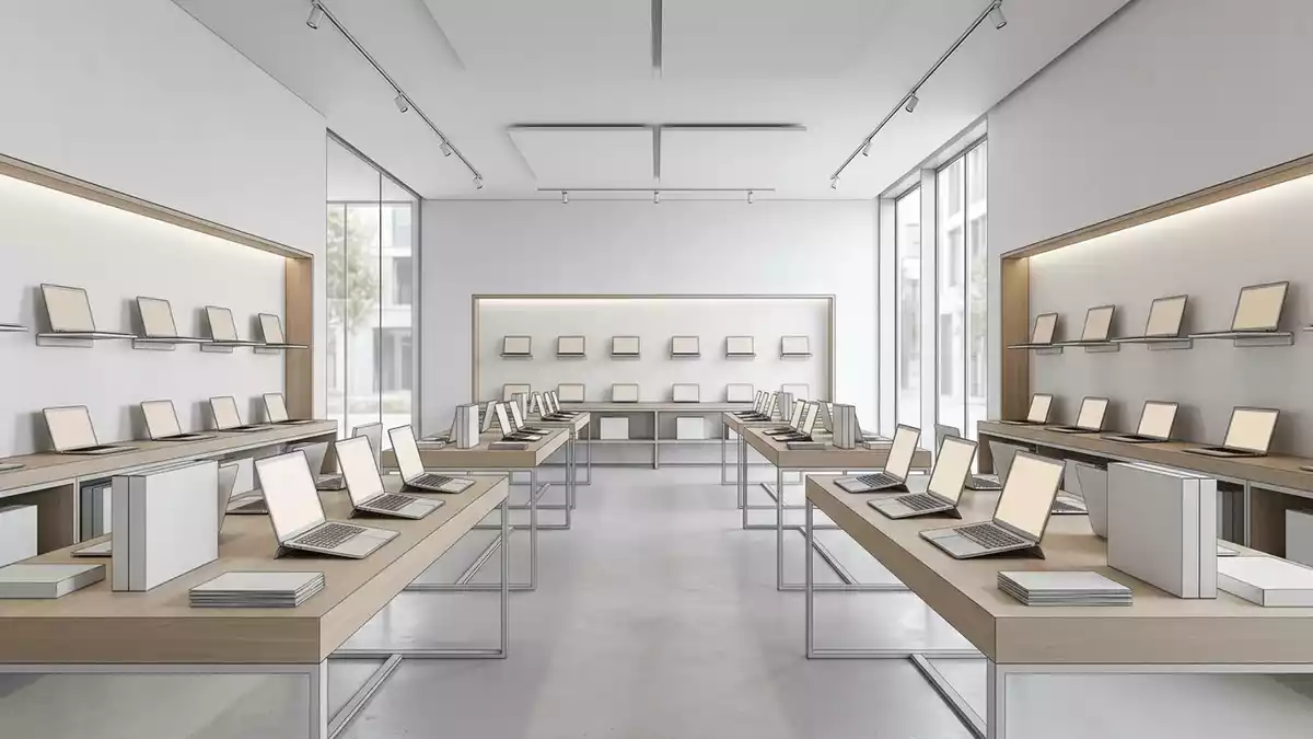 Architektur-Render im Computerfachmarkt mit Laptop im Ausstellungsbereich, neutral