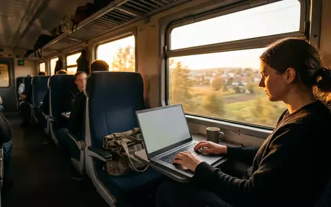 Fotorealistische Aufnahme von Laptop auf Zugreise zum Thema Lenovo ThinkPad X1 Carbon, warmes Abendlicht - Foto: THN