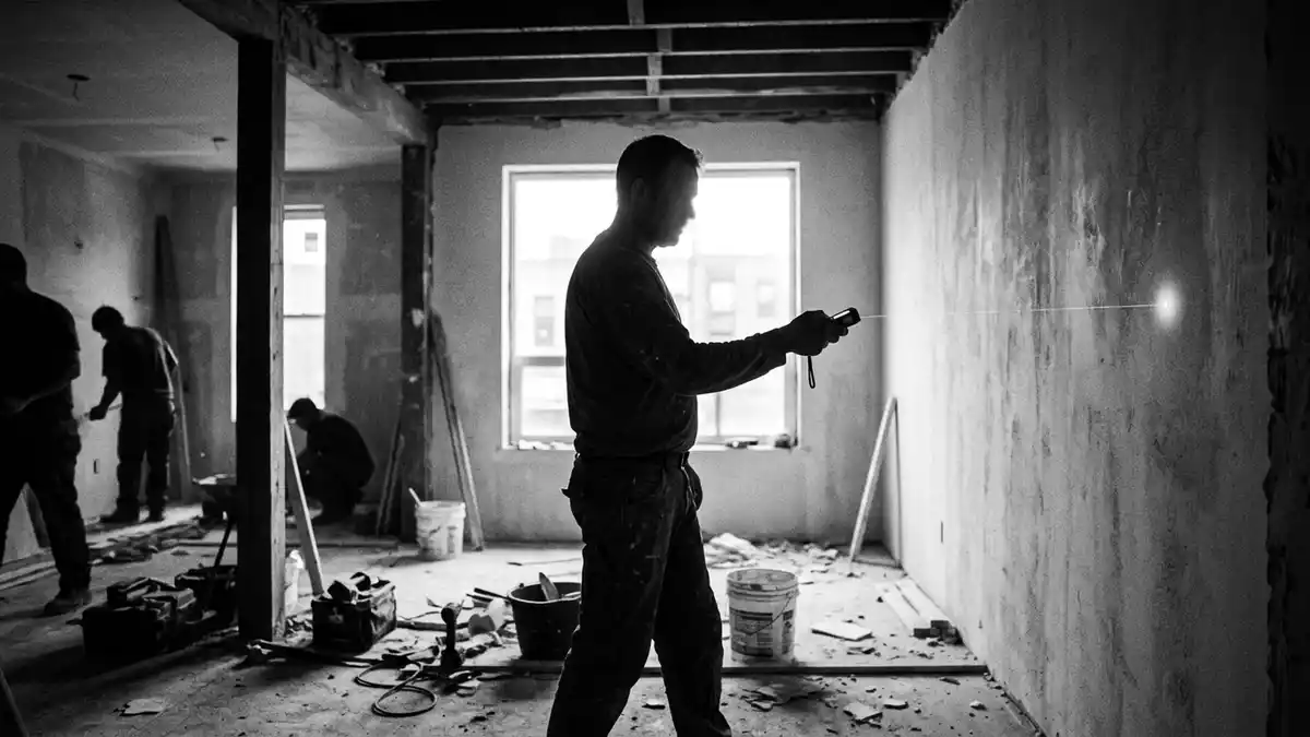 Schwarzweiss-Reportagebild mit Laserentfernungsmesser in dokumentarischer Arbeitsumgebung