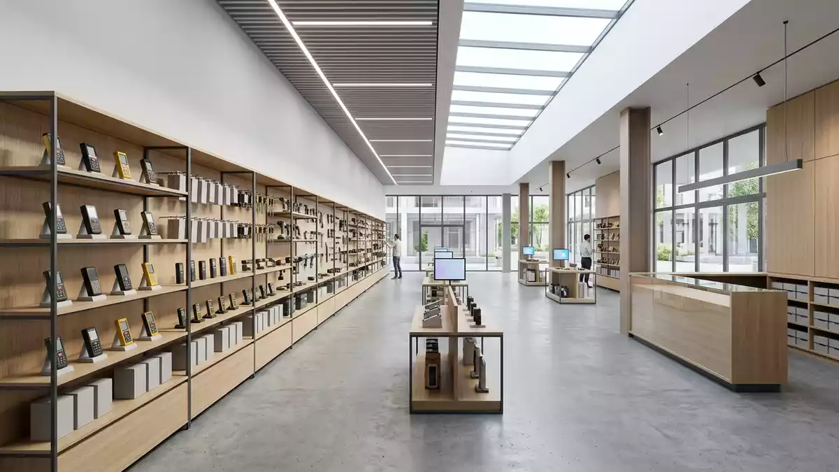 Architektur-Render im Werkzeugfachmarkt mit Laserentfernungsmesser im Ausstellungsbereich